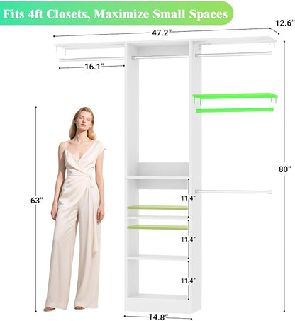 Besiost 4FT Small Closet Organizer System with 4 Hanging Rods & 3 Shelves | 48" Closet System for Small Closets, 80" H Small Closet Organizers and Storage for Bedrooms, Cloakrooms, White