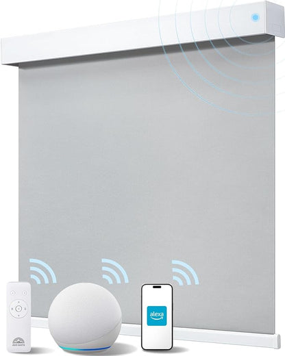 Smart Roller Shades for Windows, Alexa Blackout Motorized Blinds with Remote Control, Easy Install Automatic Electric Blinds for Indoor (23" W x 72" H, Gray Fabric & White Shell)