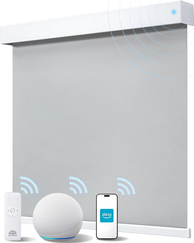 Smart Roller Shades for Windows, Alexa Blackout Motorized Blinds with Remote Control, Easy Install Automatic Electric Blinds for Indoor (29" W x 72" H, Gray Fabric & White Shell)