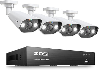 ZOSI 8-Channel 4K PoE Surveillance Camera System with 4 x 8MP Outdoor Security Bullet Cameras, Night Vision, Motion Detection, Remote Access, IP66 Waterproof, HDD Not Included