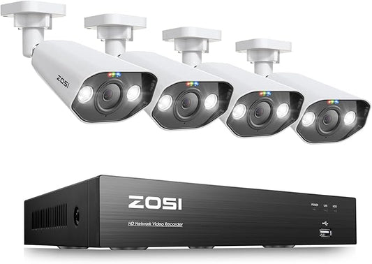 ZOSI 8-Channel 4K PoE Surveillance Camera System with 4 x 8MP Outdoor Security Bullet Cameras, Night Vision, Motion Detection, Remote Access, IP66 Waterproof, HDD Not Included