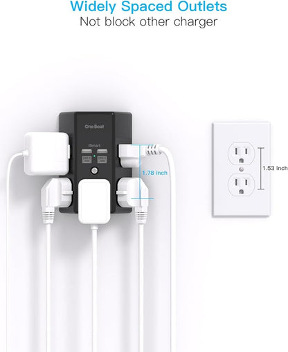 One Beat Surge Protector Wall Outlet Extender, 5 Outlets & 4 USB Ports (2 USB-C), 1680J, 3-Sided Multi Plug Outlet Adapter, Outlet Splitter, Wall Mount, ETL Listed for Home Office Travel-Black
