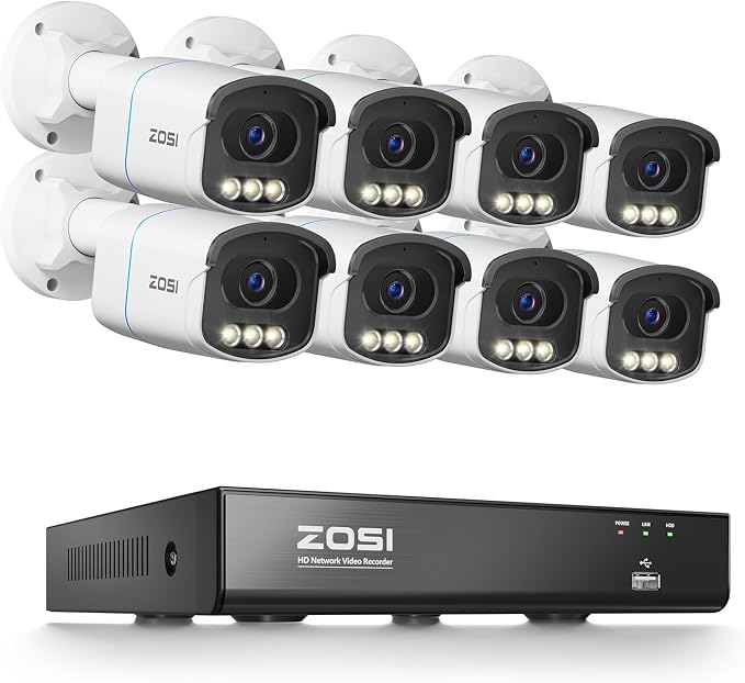 ZOSI 4K PoE Security Camera System, 8CH 8MP Home NVR, 8 x C186 Aurora Lux 4K Surveillance Cameras Indoor Outdoor, True Full Color Night Vision, Person/Vehicle Detection, 2-Way Audio, No HDD Included