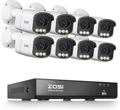 ZOSI 4K PoE Security Camera System, 8CH 8MP Home NVR, 8 x C186 Aurora Lux 4K Surveillance Cameras Indoor Outdoor, True Full Color Night Vision, Person/Vehicle Detection, 2-Way Audio, No HDD Included