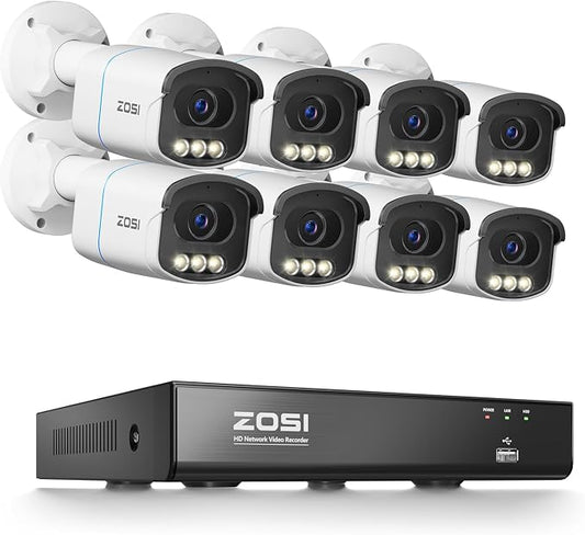 ZOSI 4K PoE Security Camera System, 8CH 8MP Home NVR, 8 x C186 Aurora Lux 4K Surveillance Cameras Indoor Outdoor, True Full Color Night Vision, Person/Vehicle Detection, 2-Way Audio, No HDD Included