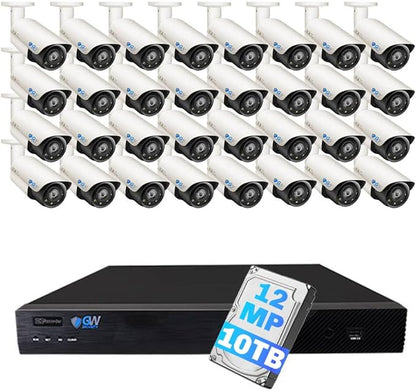 GW Security 32 Channel UltraHD 6K 12MP @ 30FPS Realtime PoE Security Camera System with 32 x 12MP IP Full-Time Color Night Vision Outdoor/Indoor Smart AI Bullet Cameras, 10TB Hard Drive