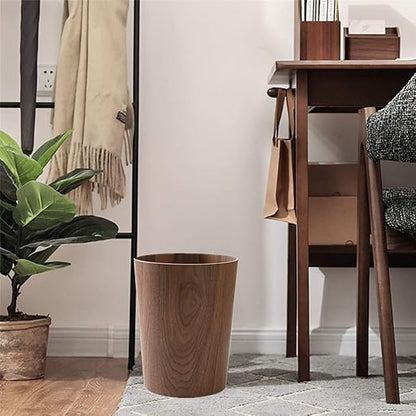 Round Stackable Wastebasket, Natural Wood Garbage Recycling Bin for Bathrooms, Kitchens, Home Offices (Dark Wood)