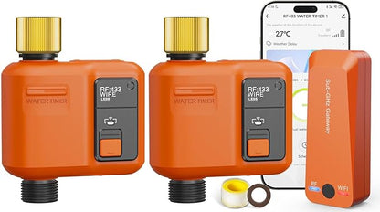 WiFi Water Timer for Garden Hose, Smart Sprinkler Timer with 984ft Long Range, Strong Wall Penetration, APP & Remote Control, Voice Control, Rain Delay, Manual Mode, Watering System (1 Outlet,2pcs)