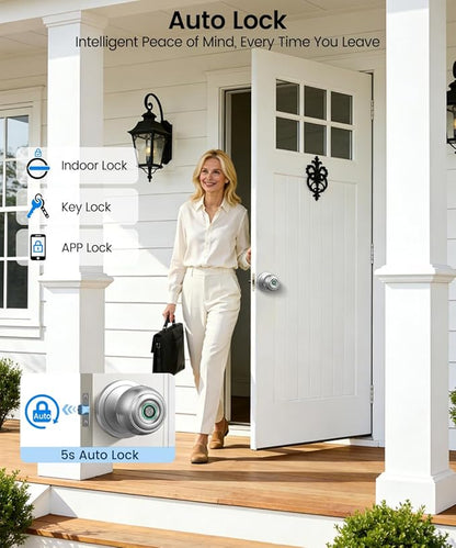 Fingerprint Door Lock, Smart Fingerprint Door Knob with Lock, Biometric Door knob with App Control & Key, Keyless Thumbprint Entry Door Lock for Bedroom, Front Door, Home, Apartment-Burnished Silver