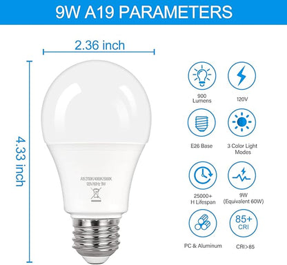 PARTPHONER A19 LED Light Bulbs, 60W Equivalent Efficient 9W LED Bulb, 3 Color Light Modes Light Bulbs, 900 Lumens, CRI 85+, 25000+ Hours Lifespan, Pack of 2