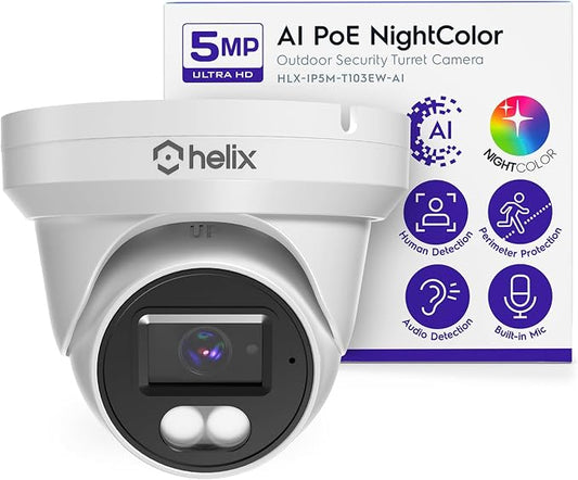 Helix 5MP Security AI IP PoE Camera, 98ft Night Color, Human Detection, NDAA Compliant, Indoor Outdoor Surveillance Turret, Built in Mic, Support 256GB MicroSD, Deterrent, HLX-IP5M-T103EW-AI