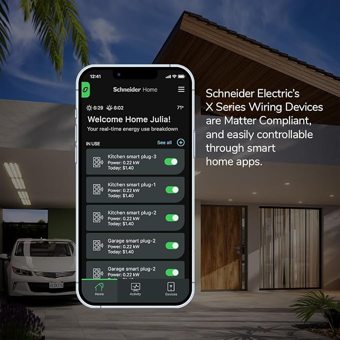 Square D by Schneider Electric X Series 15 Amp WiFi Energy Monitoring Light Switch, Single-Pole/3-way, 600 Watt, Rocker, Matter Certified, Works with Alexa, Google Home, Apple Home, Matte White