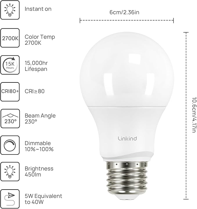 Linkind A19 LED Light Bulbs Dimmable, 40 Watt Equivalent, E26 Base, 2700K Soft White, 5W 450 Lumens CRI80+, 120V, UL Listed FCC Certified, LED Lights for Bedroom Living Room Home Office, 6 Packs
