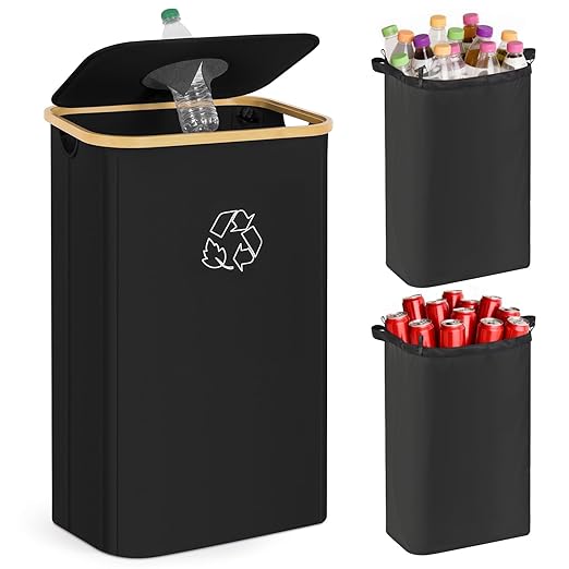 Recycling Bin for Kitchen, 26 Gallon 100L Indoor Home Recycle Bin with Lid and 2 Removeable Reusable Inner Bags, for Bottles, Cans, Glass, Plastic & Stickers, Black