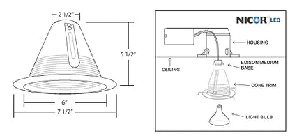 NICOR Lighting 6 inch Bronze Airtight Cone Baffle Trim, Fits 6 inch Housings (17550ABZ)