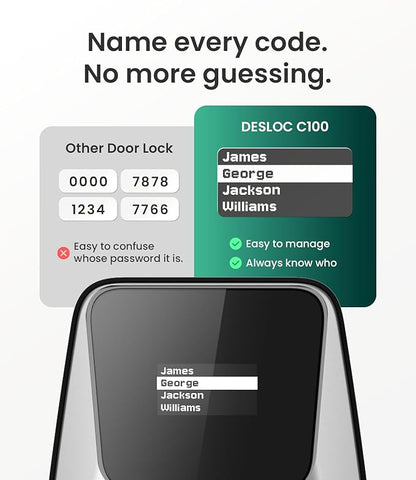 DESLOC C100 Keyless Entry Door Lock with Visual Display, 100 Customizable User Codes and 4 One-Pass code, door locks for front door with 2 Keys,12 Months Battery, IP54, BHMA Grade 3, Auto Lock, Silver