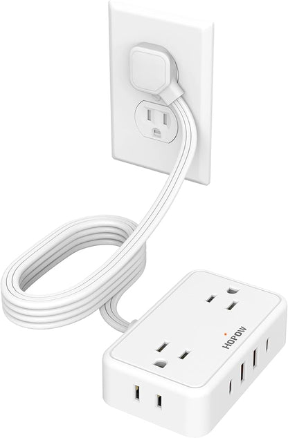 Flat Plug Extension Cord, 6 Ft Ultra Thin Power Strip with 4 AC Wide Spaced Outlets and 4 USB (2 USB-C) Ports, No Surge Protector for Cruise Ship, White Extension Cord for Travel Home Office