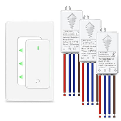 NineLeaf Wireless Light Switch and Receiver Kit, No Wiring RF Remote Control Switch, 1300FT Range, Programmable & Expandable,for Lights, Ceiling Fans, Lamps, 1000W LED(1Switch 3Receivers)