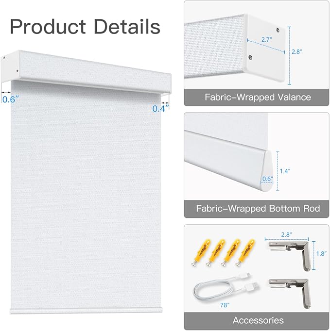 Tokblind Motorized Blackout Roller Shade Fabric Covered Valance and Bottom Rod, Remote Control Electric Window Blind Compatible with Alexa Google via Hub, Custom Size (Greyish White - Wrapped Fabric)