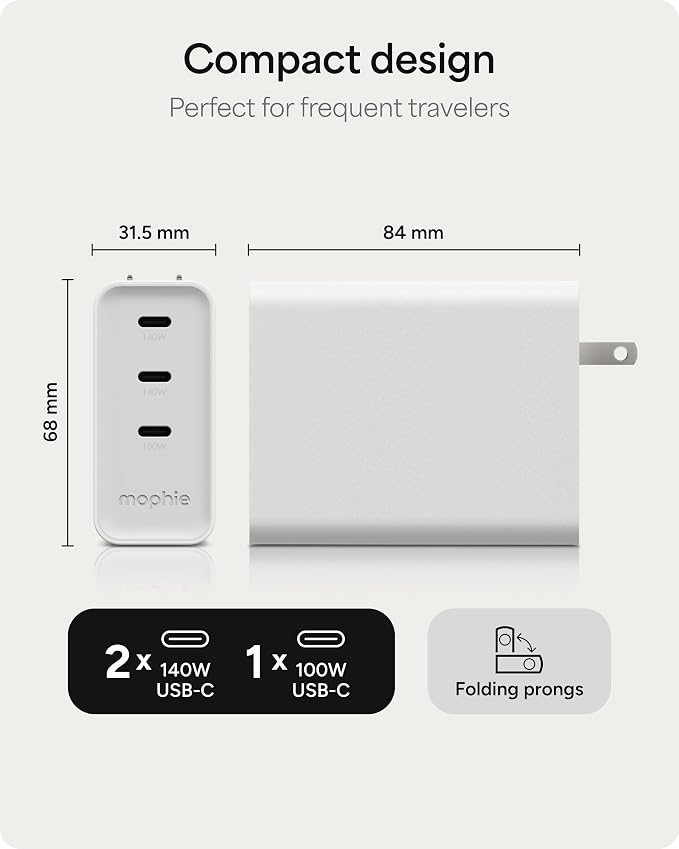 Mophie Speedport 140 GAN USB-C Charger Block - 140W Fast Wall Charger, 3× USB‑C PD Ports, Compact Foldable Prongs, Made with Recycled Materials, for Smartphones, Tablets, Headphones
