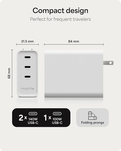Mophie Speedport 140 GAN USB-C Charger Block - 140W Fast Wall Charger, 3× USB‑C PD Ports, Compact Foldable Prongs, Made with Recycled Materials, for Smartphones, Tablets, Headphones