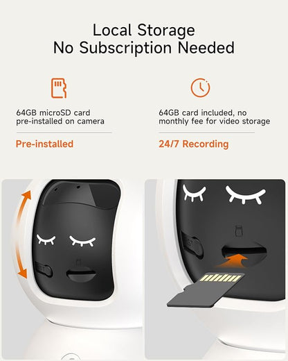 Smart 3K Indoor Dome Security Camera with AI Human/Pet/Facial Detection, 360° Pan-Tilt Coverage, 2-Way Audio, 2.4GHz 5GHz Dual-Band Wi-Fi - Includes 64GB SD Card & No Subscription Needed