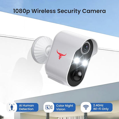 1080P Wireless Security Camera Outdoor, Battery Powered, AI Human Detection, Color Night Vision, 2-Way Audio, IP65 Waterproof, 2.4G Wi-Fi, Cloud Storage (2-spotlights)