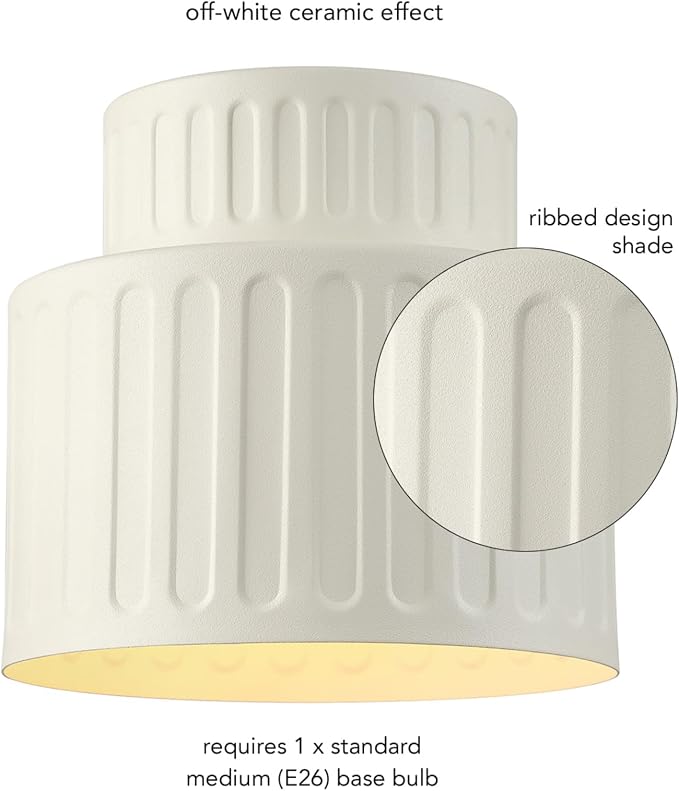 1-Light Ceramic Effect Flush Mount Ceiling Light with Ribbed Details | Ceramic Effect Ribbed Shade, Hallway, Bedroom, Kitchen, Dining Room, Model 66000135