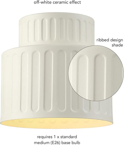 1-Light Ceramic Effect Flush Mount Ceiling Light with Ribbed Details | Ceramic Effect Ribbed Shade, Hallway, Bedroom, Kitchen, Dining Room, Model 66000135