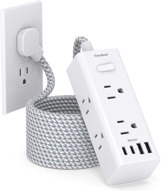 Flat Plug Extension Cord 20Ft, One Beat 900J Surge Protector Power Strip 20 Ft Cord with 6 Widely Outlets 4 USB Ports (2 USB C), Wall Outlet Extender Extension Cord for College Dorm Room Home Office