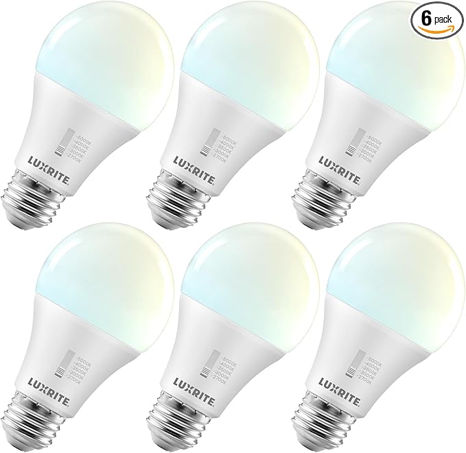 LUXRITE A19 LED Light Bulb 100 Watt Equivalent, CRI90, 5CCT Selectable 2700K 3000K 3500K 4000K 5000K, Dimmable, 1600LM, Standard LED Light Bulbs 15W, E26 Medium Base, ETL - Indoor Outdoor (6 Pack)