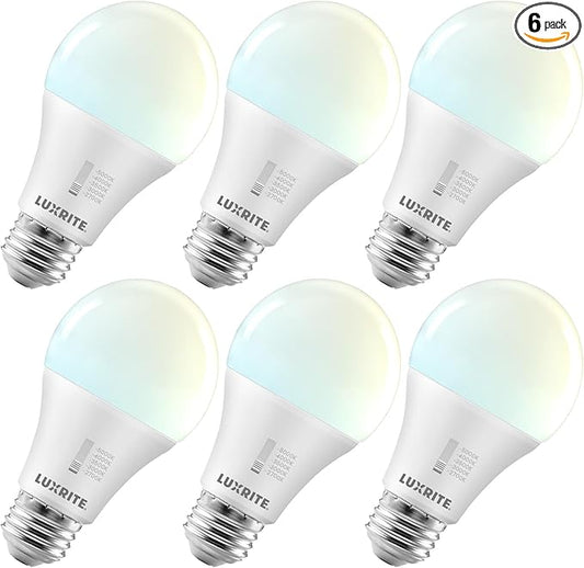 LUXRITE A19 LED Light Bulb 100 Watt Equivalent, CRI90, 5CCT Selectable 2700K 3000K 3500K 4000K 5000K, Dimmable, 1600LM, Standard LED Light Bulbs 15W, E26 Medium Base, ETL - Indoor Outdoor (6 Pack)