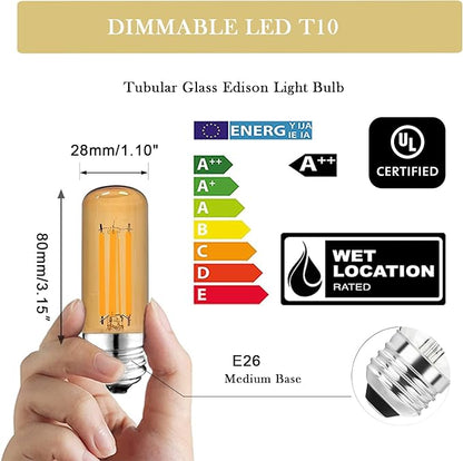 3.2 Inch 2200K Amber White E26 LED Bulb 60 Watt Equal, AC 120V 600LM Edison Bulbs Dimmable, 6W T10 T30 Tubular Filament Light Bulbs Glass for Fan Pendant Wall Light, UL Certified-4 Pack