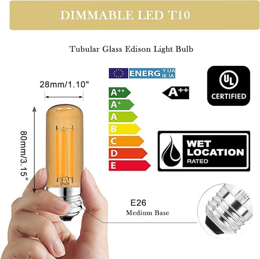 3.2 Inch 2200K Amber White E26 LED Bulb 60 Watt Equal, AC 120V 600LM Edison Bulbs Dimmable, 6W T10 T30 Tubular Filament Light Bulbs Glass for Fan Pendant Wall Light, UL Certified-4 Pack