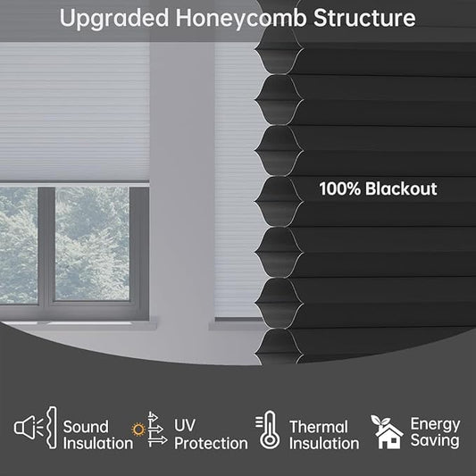 Cellular Shades Blackout Honeycomb Blinds for Indoor Windows, Cordless Cellular Shades 1.5 inch Cell Pleated for Bedroom Home Office, Custom Size, Blackout Black