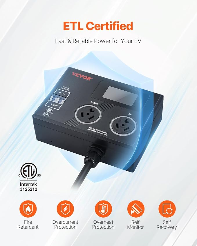 VEVOR NEMA Splitter for Dryer and EV, 3-Color LED Indicator, 240V Smart Power Distribution, with NEMA 10-30 Plug, Two NEMA 10-30 Outlets, 3.4 in LCD Screen, Max 24A Dryer EV, Tested to ETL Standard