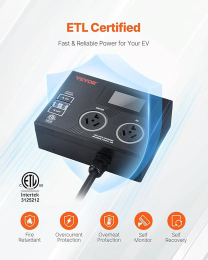 VEVOR NEMA Splitter for Dryer and EV, 3-Color LED Indicator, 240V Smart Power Distribution, with NEMA 10-30 Plug, Two NEMA 10-30 Outlets, 3.4 in LCD Screen, Max 24A Dryer EV, Tested to ETL Standard