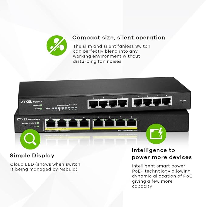 Zyxel 8 Port Network Ethernet Switch | Smart Managed PoE+ | GS1915-8EP | 8x PoE+ Ports with 60W Budget, Fanless, NebulaFlex, VLAN, QoS, IGMP Snooping, Wall Mount Kit Included, Compact Desktop Design