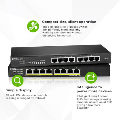 Zyxel 8 Port Network Ethernet Switch | Smart Managed PoE+ | GS1915-8EP | 8x PoE+ Ports with 60W Budget, Fanless, NebulaFlex, VLAN, QoS, IGMP Snooping, Wall Mount Kit Included, Compact Desktop Design
