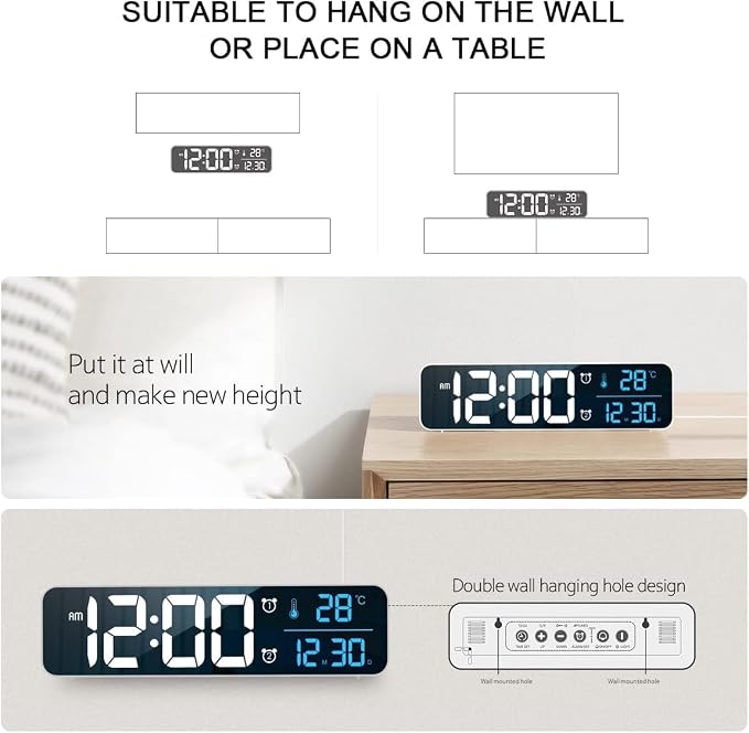 Digital Clock, Clock For Bedroom, Clocks For Living Room Decor, Desk Table Clock, Alarm Clock Large Display with Date Week Temperature, Automatic Brightness Dimmer, Smart Cool Modern (White Blue)