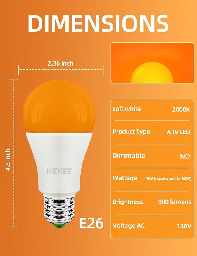 HEKEE Dusk to Dawn Light Bulbs A19 8W 900 Lumens, Outdoor Porch Lights, 60 Watt Equivalent, Amber LED Orange-Yellow Sensor Bulb, Security Bulb(Auto On/Off), E26 Screw Base(4 Pack)