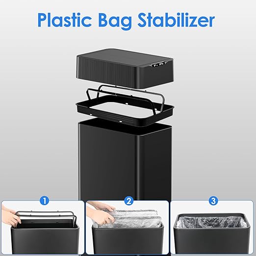 TLSUNNY 16 Gallon Automatic Trash Can, Stainless Steel Motion Sensor Garbage bin, Smart Trash Can W/Butterfly Lid, Bag Retainer Ring and Display Light for Living Room,Kitchen,Office (Black, 60L)