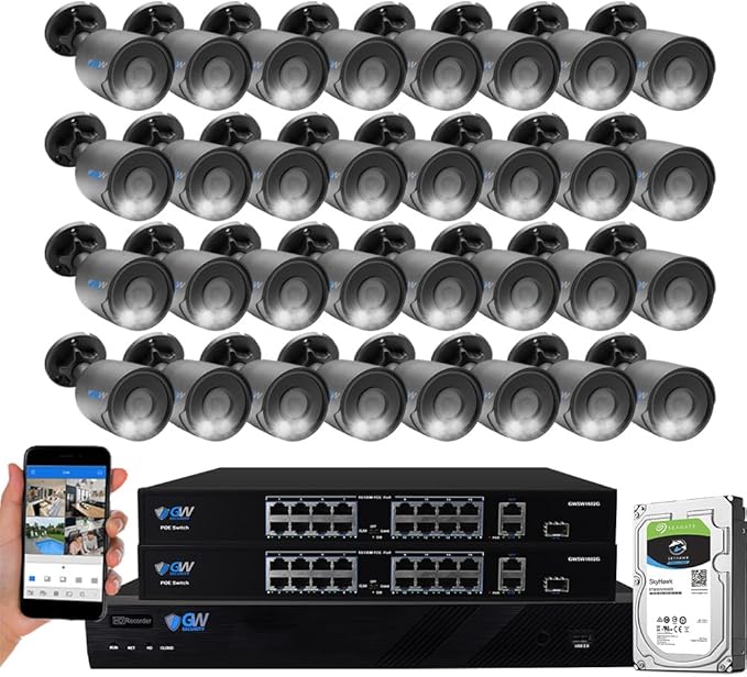 GW 4K Outdoor/Indoor Face Recognition/Human/Vehicle Detection Security Camera System, 32 Channel 12MP PoE NVR, 32 x 4K 8MP UltraHD Smart AI IP Microphone Bullet Camera, 24-7 Video & Audio Recording