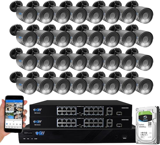 GW 4K Outdoor/Indoor Face Recognition/Human/Vehicle Detection Security Camera System, 32 Channel 12MP PoE NVR, 32 x 4K 8MP UltraHD Smart AI IP Microphone Bullet Camera, 24-7 Video & Audio Recording