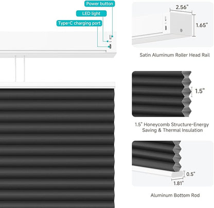 Motorized Top Down Bottom Up Cellular Shades with Remote, Custom Cordless Smart Honeycomb Blinds, Automatic Electric Blackout Window Blinds Compatible with Alexa Google for Home Office, Black