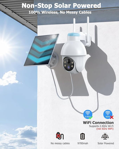 Security Camera Wireless Outdoor, 2K Solar Security Camera,Battery Powered 360°PTZ Outdoor Camera,Color Night Vision,2-Way Audio,PIR Motion Detection,Compatible with Alexa