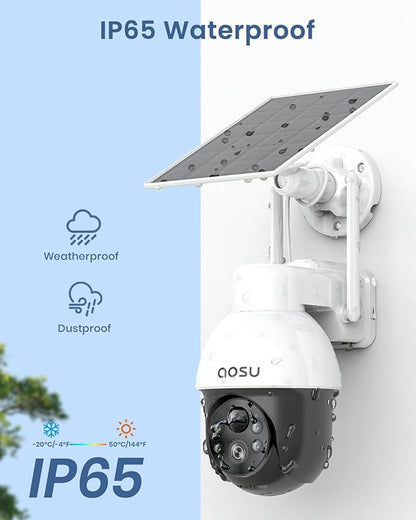 aosu Solar Security Camera Wireless Outdoor with Panoramic PTZ, Human Auto Tracking, 2K Night Vision, Light and Sound Alarm, 2-Way Audio, Works with Alexa/Google Assistant for Home Surveillance