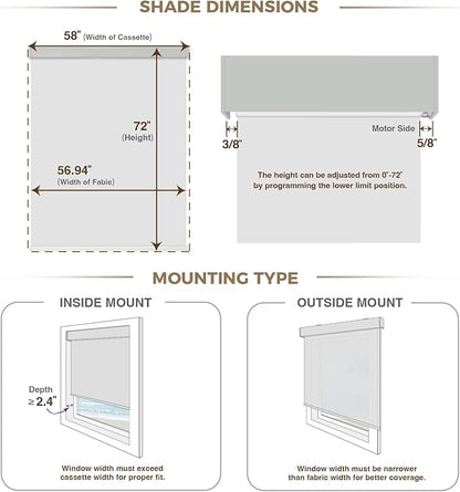 HeyBlinds Blackout Motorized Smart Blinds with Remote, Automatic Electric Shades for Windows (Breeze- Light Grey BO, 58" W x 72" H)