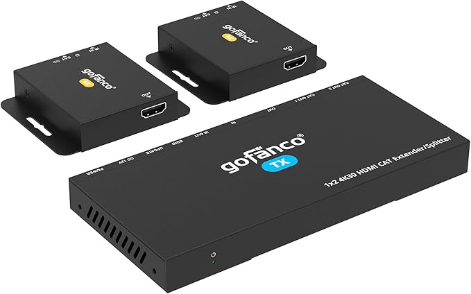 gofanco 4K 1x2 HDMI Extender Splitter Over CAT6/7 – 131ft (40m) at 4K 30Hz, 230ft (70m) at 1080p, HDCP 1.4, Poc, IR, HDMI Loopout, RS232 Control, Surge/Lightning/ESD Protection (HD14Ext-2P v2.0)