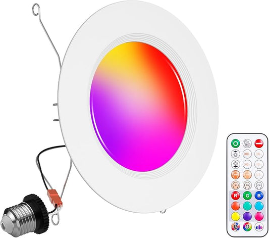 Recessed Lighting 5/6 Inch Color Changing LED Can Lights for Ceiling, 13W 1050LM Retrofit Recessed Lights with Baffle Trim, RGBCW Downlight Dimmable by Remote Control, Memory, Delayed Off, 1 Pack